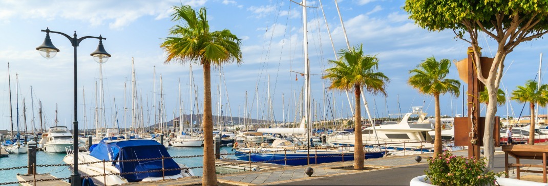 Palmen und Yachten am Hafen von Arrecife